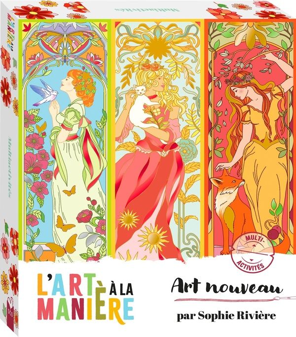 Emprunter Art Nouveau. Coffret avec 8 tableaux, dont 1 vitrail à gratter, 1 stylet, 8 feuilles à dorer, 1 cadr livre