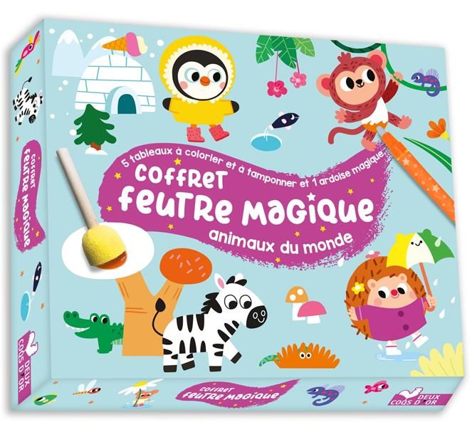 Emprunter Coffret feutre magique animaux du monde. 5 tableaux à colorier et tamponner, coffret avec accessoire livre