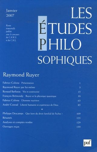 Emprunter Les études philosophiques N° 1, janvier 2007 : Raymond Ruyer livre