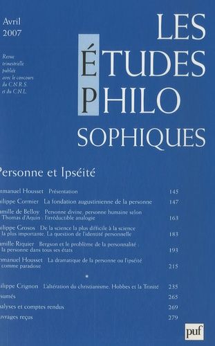 Emprunter Les études philosophiques N° 2, Avril 2007 : Personne et Ipséité livre