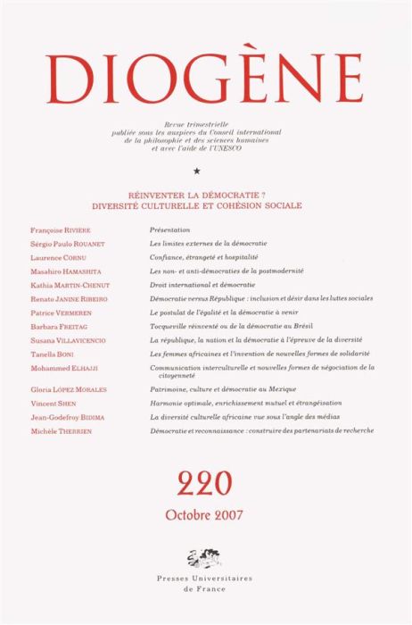 Emprunter Diogène N° 220, Octobre-Décembre 2007 : Réinventer la démocratie ?: Diversité culturelle et cohésion livre