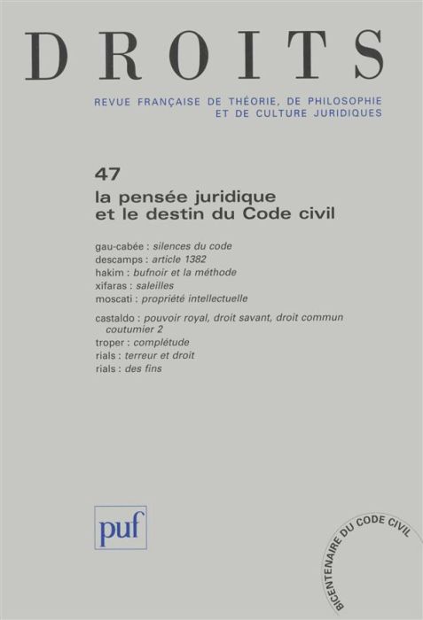 Emprunter Droits N° 47/2008 : La pensée juridique et le destin du code civil livre