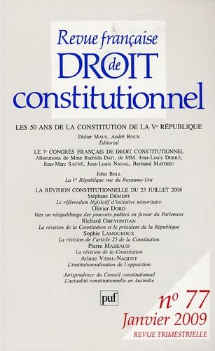 Emprunter Revue française de Droit constitutionnel N° 77, Janvier 2009 : Les 50 ans de la constitution de la V livre