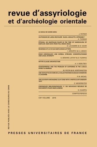 Emprunter Revue d'assyriologie et d'archéologie orientale N° 109/2015 livre