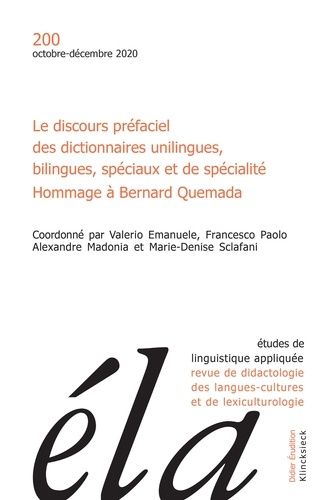 Emprunter Etudes de Linguistique Appliquée N° 4/2020 : Le discours préfaciel des dictionnaires unilingues, bil livre