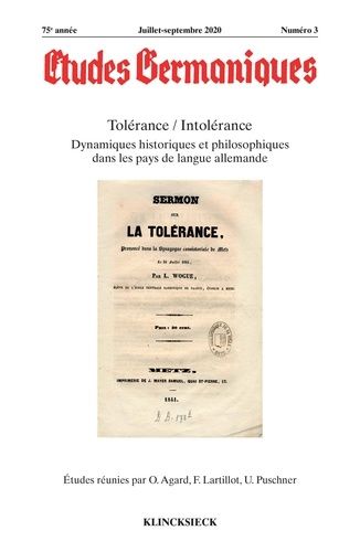 Emprunter Etudes Germaniques N° 3/2020 : Tolérance / Intolérance. Dynamiques historiques et philosophiques dan livre