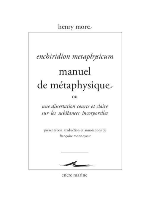 Emprunter Manuel de métaphysique. Une dissertation courte et claire sur les substances incorporelles livre