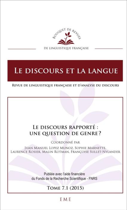 Emprunter Le discours et la langue N° 7.1/2015 : Le discours rapporté : une question de genre ? livre