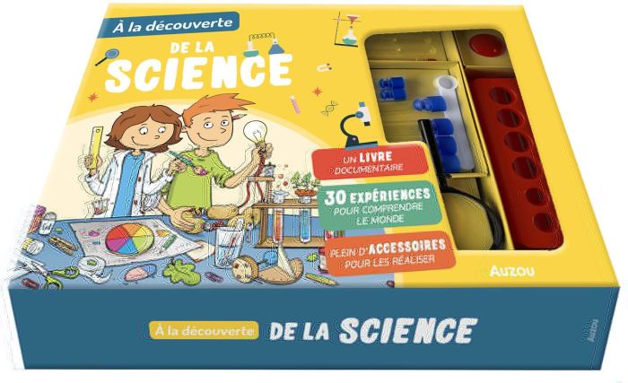 Emprunter A la découverte de la science. Coffret avec 6 tubes à essai, 3 ballons, 1 entonnoir, 1 cuillère, 1 t livre